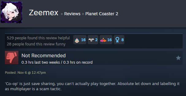 Screenshot showing Steam user reviews of Planet Coaster 2.